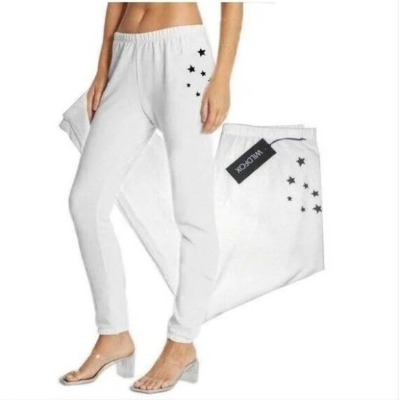 Wildfox Believe Rory Womens Jogger Pants Vanilla White Stars Soft size Medium - Picture 1 of 11